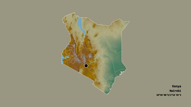 Kericho, county of Kenya, with its capital, localized, outlined and zoomed with informative overlays on a relief map in the Stereographic projection. Animation 3D