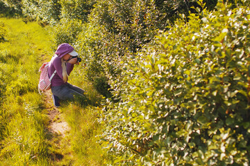 Young Caucasian female photographer on top of a mountain at sunset.