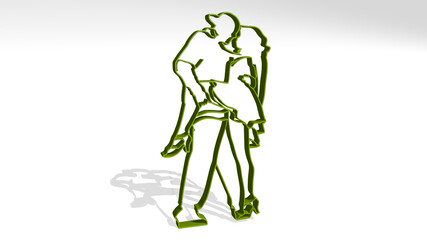 boy and girl dancing made by 3D illustration of a shiny metallic sculpture with the shadow on light background. child and cute
