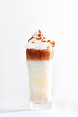 Milk and coffee soft drink. Photo on a light background. Vertical photo.Copy of the space.