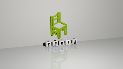 3D representation of chair with icon on the wall and text arranged by metallic cubic letters on a mirror floor for concept meaning and slideshow presentation. illustration and background