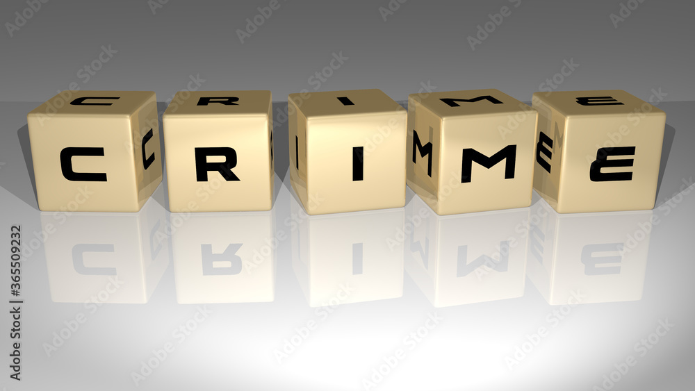 Poster 3d graphical image of crime vertically along with text built by metallic cubic letters from the top 