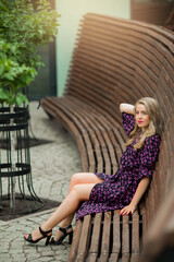 Fototapeta premium beautiful young woman with makeup in summer dress on the bench