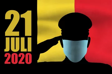 Fotobehang Silhouet van een groetende koning in uniform met medisch masker met belgische vlag en datum, concept van nationale feestdag van belgie op 21 juli 2020 © Creatus