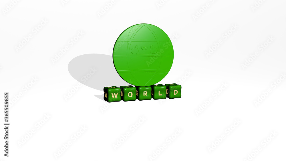 Poster 3d representation of world with icon on the wall and text arranged by metallic cubic letters on a mi