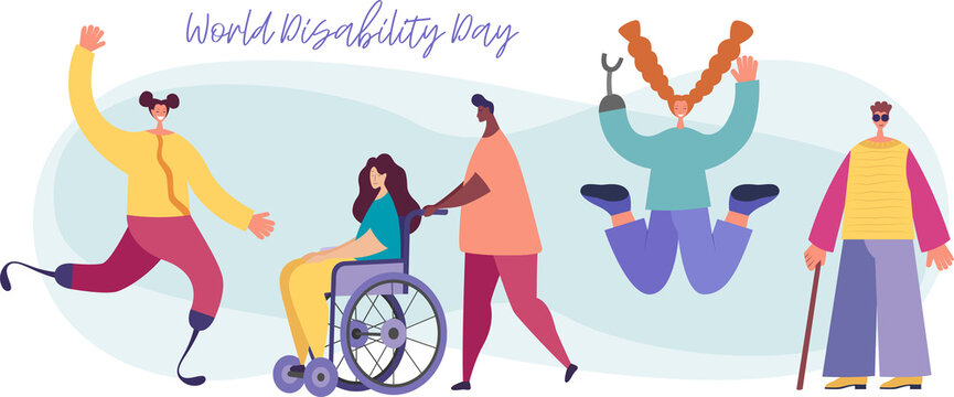 Vector background with disabled people, young handycap persons and friends near helping. World Disability Day. Flat cartoon characters.