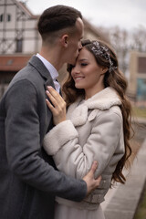 beautiful couple, bride and groom in long dress, part, wedding, girl with curvy hair