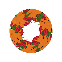 Round tropical wedding invitation with orange flowers