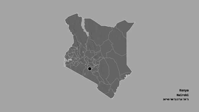 Kisii, county of Kenya, with its capital, localized, outlined and zoomed with informative overlays on a bilevel map in the Stereographic projection. Animation 3D