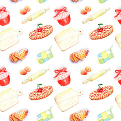 watercolor drawings of kitchen appliances and products - seamless pattern