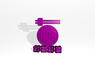 3D representation of food with icon on the wall and text arranged by metallic cubic letters on a mirror floor for concept meaning and slideshow presentation. background and illustration