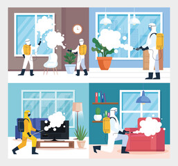set scenes, home disinfection by commercial disinfecting service, disinfection workers with protective suit and spray prevent covid 19 vector illustration design