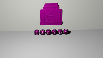 3D illustration of laptop graphics and text made by metallic dice letters for the related meanings of the concept and presentations. computer and business