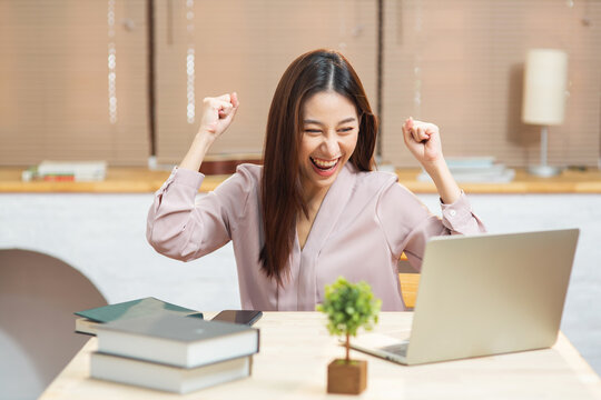 Young Asian woman feeling excited while looking at laptop for start small business at home