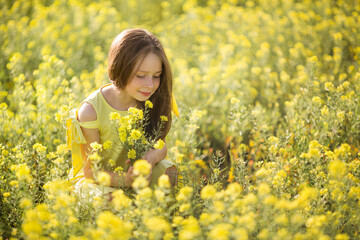 Naklejka na ściany i meble teenage girl in a yellow dress picks flowers in a yellow field in summer