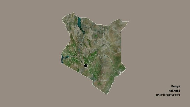 Kisii, county of Kenya, with its capital, localized, outlined and zoomed with informative overlays on a satellite map in the Stereographic projection. Animation 3D