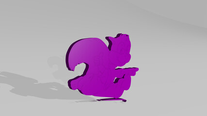 squirrel running from a perspective on the wall. A thick sculpture made of metallic materials of 3D rendering. animal and cute