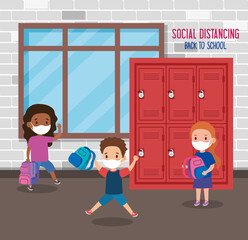 back to school for new normal lifestyle concept, children wearing medical mask and social distancing protect coronavirus covid 19, in school vector illustration design