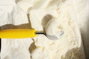 Delicious vanilla ice cream with a spoon 