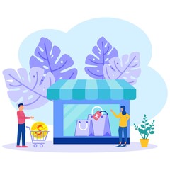 Vector illustration of business concept, shop needs, discounts, young women going to work, investing in real estate, discounts, expenses and income.