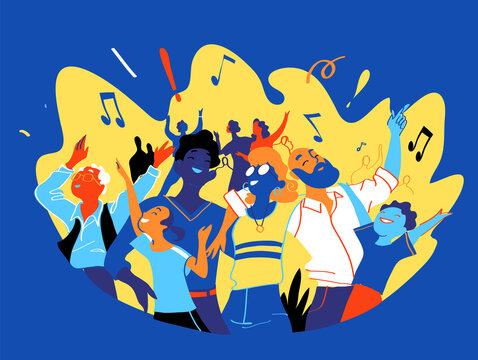 Un gruppo di persone, famiglia, amici felici di stare insieme per celebrare un evento speciale. Una famiglia si gode un concerto, festival musicale, festa, spettacolo