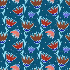 Seamless pattern of hand-drawn flowers. Cute tender flowers on a dark blue background. Vector illustration.