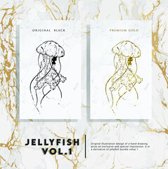 jellyfish hand drawing illustration black and gold