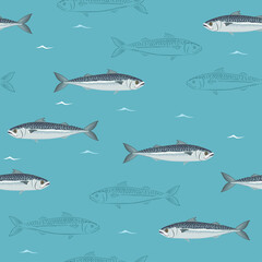 Mackerel seamless pattern. Vector illustration of fish in the blue sea in cartoon flat style.