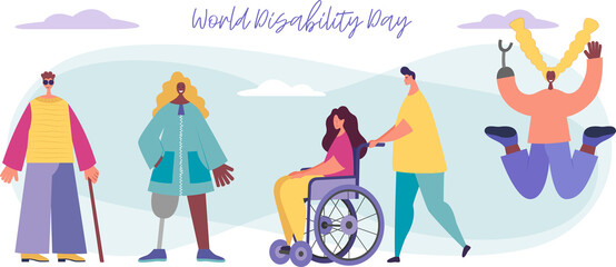 Vector background with disabled people, young handycap persons and friends near helping. World Disability Day. Flat cartoon characters.