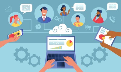 Remote teamwork concept, or concept of system for keeping and sharing data between different devices all over the word. Vector illustration