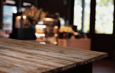 Wood Table Top in Blur Background room interior with empty copy space.