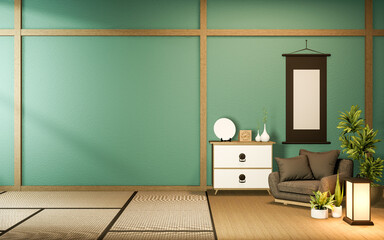 Japanese partition paper wooden design on mint room tatami floor.3D rendering
