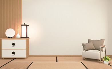 idea of mock up poster cabinet wooden japanese design and on white room. arm chair3D rendering