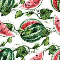 Watermelons, melons, peaches set. Watercolor hand drawn illustration. Style is realism, retro, vintage, sketch. Fresh juicy fruits. Summer vegetable garden, garden. Print, textile