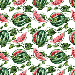Watermelons, melons, peaches set. Watercolor hand drawn illustration. Style is realism, retro, vintage, sketch. Fresh juicy fruits. Summer vegetable garden, garden. Print, textile