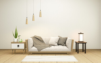 Interior with velvet sofa on empty white wall background japanese style, 3D rendering