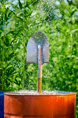 Garden shovel in a barrel of water in small splashes of water, against a background of green plants, place for text