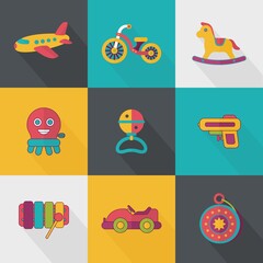 Children's toy icons set. Plane, bicycle, toy horse, toy car, yoyo, toy gun, xylophone.