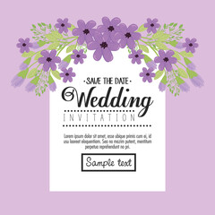 Wedding invitation with purple flowers and leaves design, Save the date and engagement theme Vector illustration