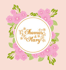 Wedding invitation with pink flowers and leaves design, Save the date and engagement theme Vector illustration