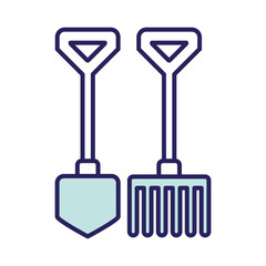 rake and shovel line and fill style icon design, agronomy lifestyle agriculture harvest rural farming and country theme Vector illustration