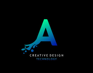 Letter A Water Splash Logo. Modern Techno Alphabetical Icon, Template Design.