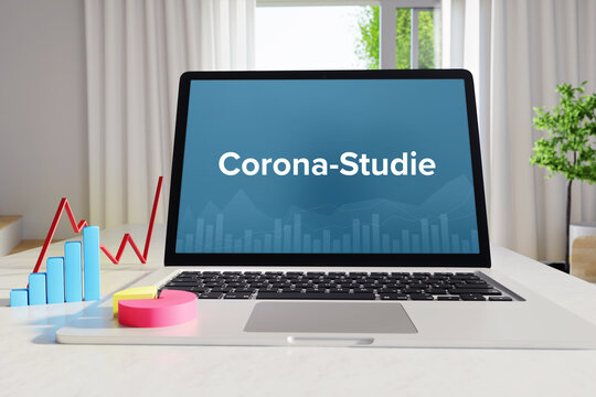 Corona-Studie. Business/Statistik. Laptop Computer mit Diagramm auf Schreibtisch im Büro. Text auf dem Monitor. Finanzen, Wirtschaft, Analyse