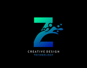 Letter Z Water Splash Logo. Modern Techno Alphabetical Icon, Template Design.