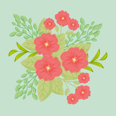 red flowers with leaves design, natural floral nature plant ornament garden decoration and botany theme Vector illustration