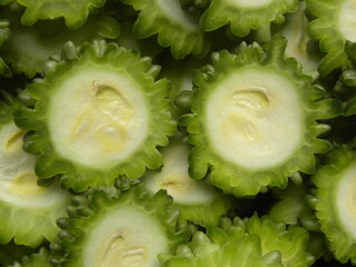 Green and white color sliced Bitter gourd