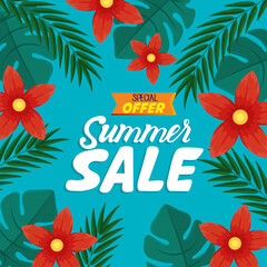 summer sale banner, season discount poster with flowers and tropical leaves, invitation for shopping with summer sale special offer label vector illustration design