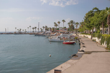 Fototapeta na wymiar Side, Turkey boats, ships stand on a pier in the sea bay