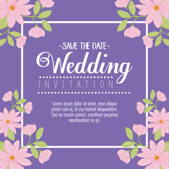Wedding invitation with pink flowers and leaves design, Save the date and engagement theme Vector illustration