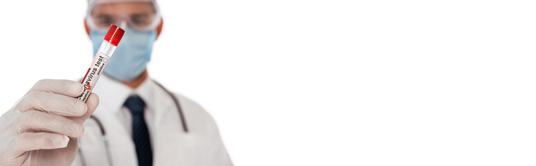 Panoramic shot of doctor in medical mask and latex glove showing test tube with blood sample and coronavirus lettering isolated on white